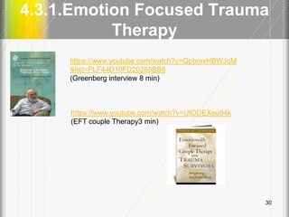 4.3.1.Emotion Focused Trauma
Therapy
30
https://www.youtube.com/watch?v=UtODEXeu94k
(EFT couple Therapy3 min)
https://www.youtube.com/watch?v=QpbmxHBWJqM
&list=PLF44D10FD20265BB6
(Greenberg interview 8 min)
 