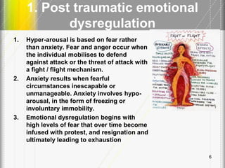 1. Post traumatic emotional
dysregulation
1. Hyper-arousal is based on fear rather
than anxiety. Fear and anger occur when
the individual mobilises to defend
against attack or the threat of attack with
a fight / flight mechanism.
2. Anxiety results when fearful
circumstances inescapable or
unmanageable. Anxiety involves hypo-
arousal, in the form of freezing or
involuntary immobility.
3. Emotional dysregulation begins with
high levels of fear that over time become
infused with protest, and resignation and
ultimately leading to exhaustion
6
 