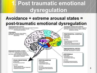 1. Post traumatic emotional
dysregulation
Avoidance + extreme arousal states =
post-traumatic emotional dysregulation
8
 