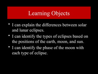 Learning Objects
• I can explain the differences between solar
and lunar eclipses.
• I can identify the types of eclipses based on
the positions of the earth, moon, and sun.
• I can identify the phase of the moon with
each type of eclipse.
 