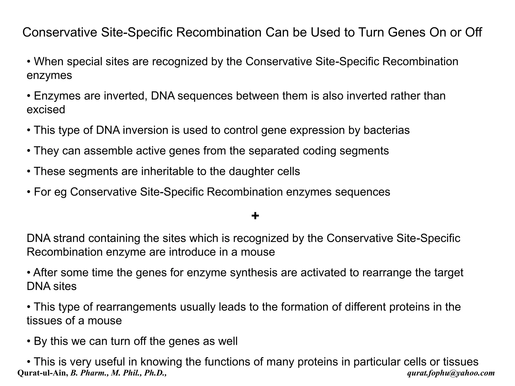 Conservative Site-Specific Recombination Can be Used to Turn Genes On or Off
• When special sites are recognized by the Conservative Site-Specific Recombination
enzymes
• Enzymes are inverted, DNA sequences between them is also inverted rather than
excised
• This type of DNA inversion is used to control gene expression by bacterias
• They can assemble active genes from the separated coding segments
• These segments are inheritable to the daughter cells
• For eg Conservative Site-Specific Recombination enzymes sequences
+
DNA strand containing the sites which is recognized by the Conservative Site-Specific
Recombination enzyme are introduce in a mouse
• After some time the genes for enzyme synthesis are activated to rearrange the target
DNA sites
• This type of rearrangements usually leads to the formation of different proteins in the
tissues of a mouse
• By this we can turn off the genes as well
• This is very useful in knowing the functions of many proteins in particular cells or tissues
Qurat-ul-Ain, B. Pharm., M. Phil., Ph.D., qurat.fophu@yahoo.com
 