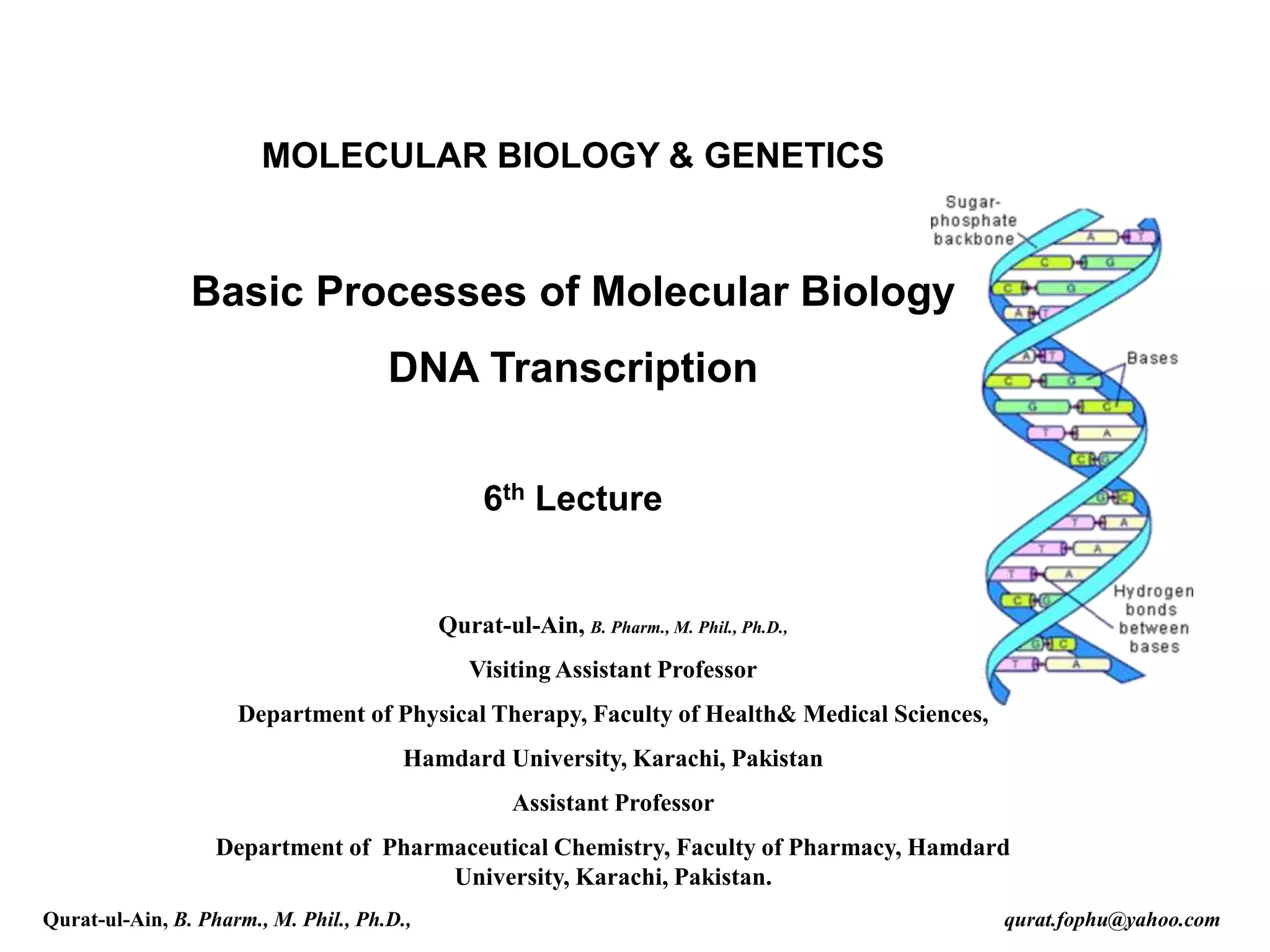 MOLECULAR BIOLOGY & GENETICS
Basic Processes of Molecular Biology
DNA Transcription
6th Lecture
Qurat-ul-Ain, B. Pharm., M. Phil., Ph.D.,
Visiting Assistant Professor
Department of Physical Therapy, Faculty of Health& Medical Sciences,
Hamdard University, Karachi, Pakistan
Assistant Professor
Department of Pharmaceutical Chemistry, Faculty of Pharmacy, Hamdard
University, Karachi, Pakistan.
Qurat-ul-Ain, B. Pharm., M. Phil., Ph.D., qurat.fophu@yahoo.com
 