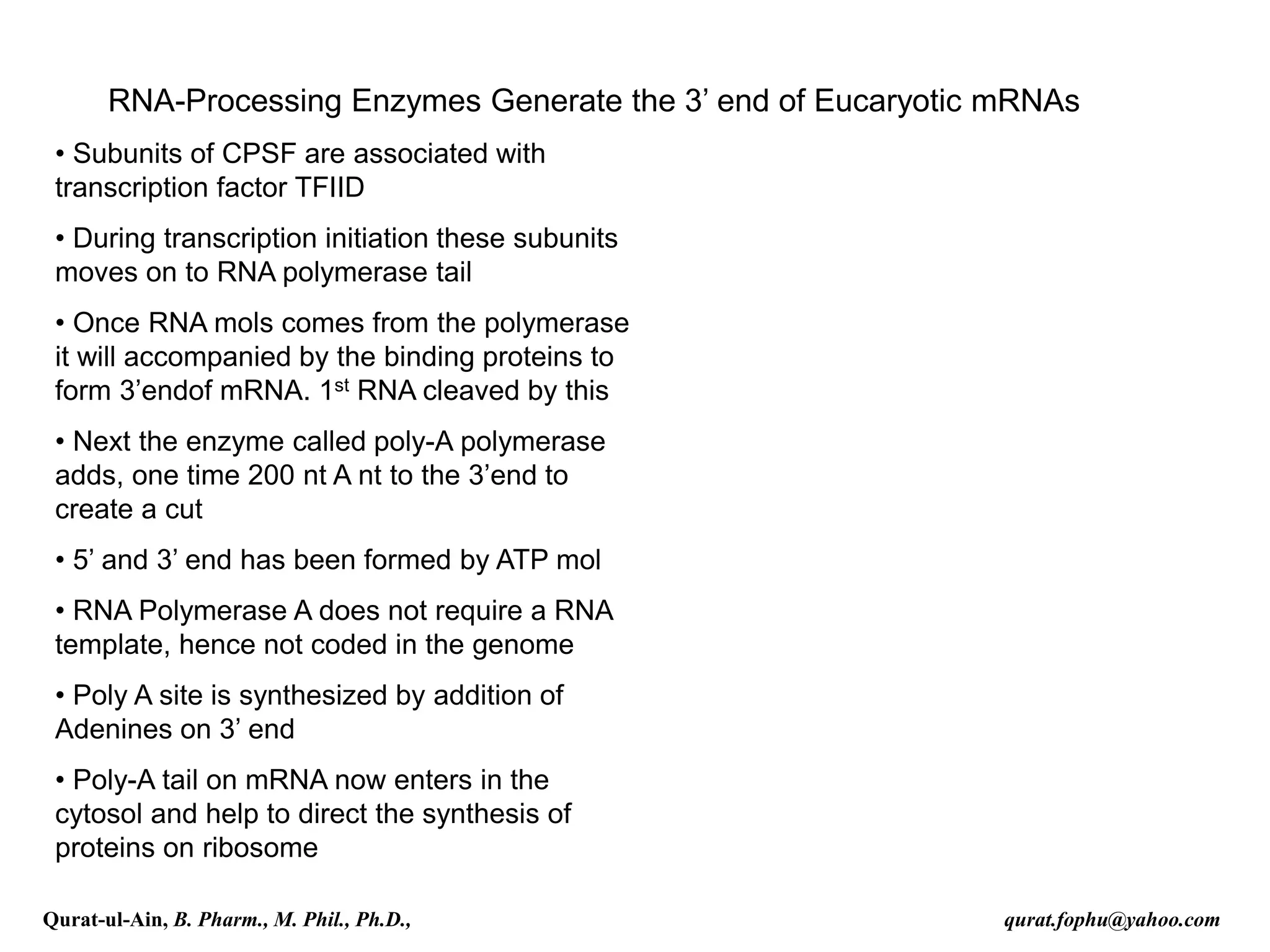 RNA-Processing Enzymes Generate the 3’ end of Eucaryotic mRNAs
• Subunits of CPSF are associated with
transcription factor TFIID
• During transcription initiation these subunits
moves on to RNA polymerase tail
• Once RNA mols comes from the polymerase
it will accompanied by the binding proteins to
form 3’endof mRNA. 1st RNA cleaved by this
• Next the enzyme called poly-A polymerase
adds, one time 200 nt A nt to the 3’end to
create a cut
• 5’ and 3’ end has been formed by ATP mol
• RNA Polymerase A does not require a RNA
template, hence not coded in the genome
• Poly A site is synthesized by addition of
Adenines on 3’ end
• Poly-A tail on mRNA now enters in the
cytosol and help to direct the synthesis of
proteins on ribosome
Qurat-ul-Ain, B. Pharm., M. Phil., Ph.D., qurat.fophu@yahoo.com
 