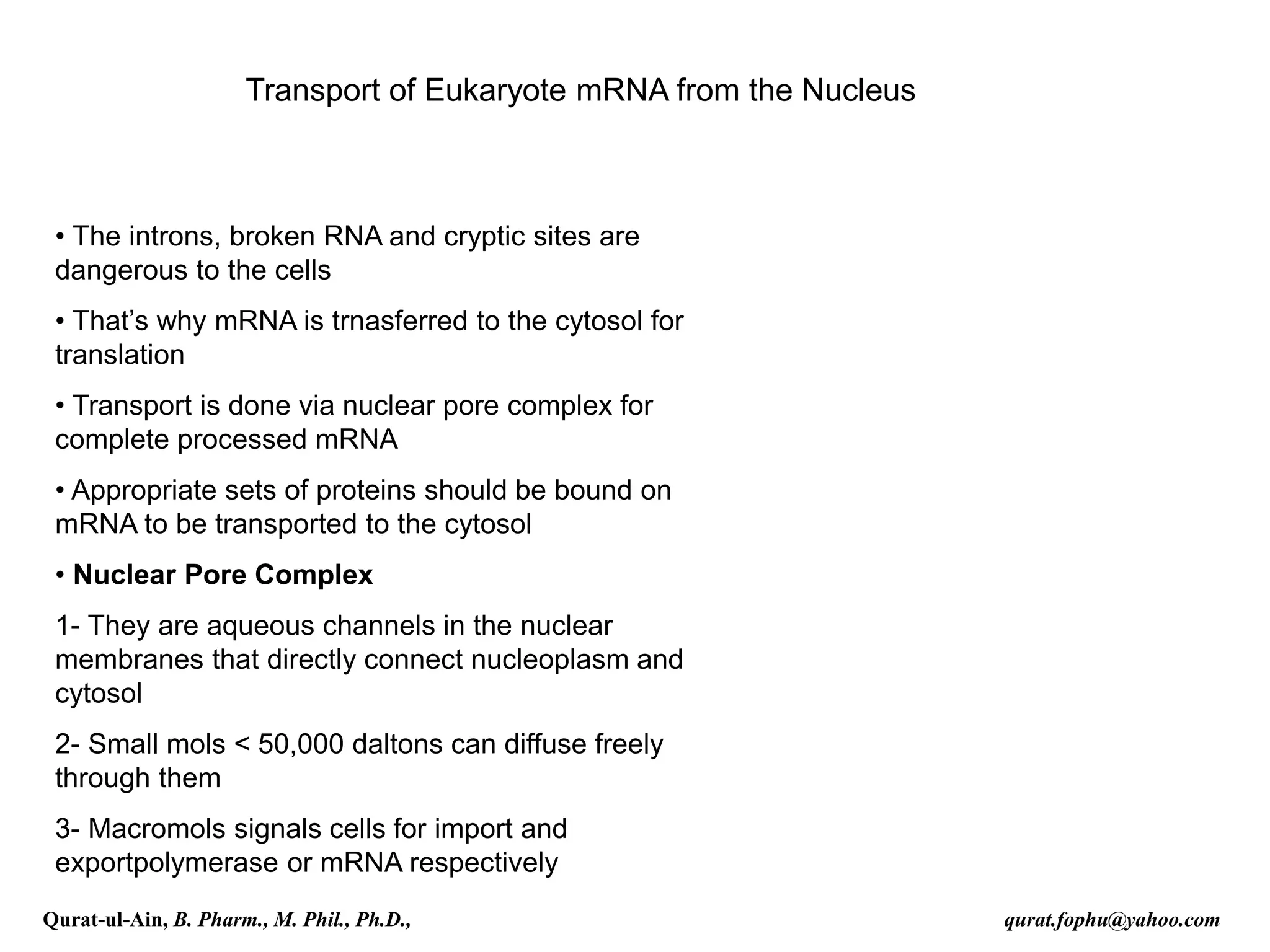 Transport of Eukaryote mRNA from the Nucleus
• The introns, broken RNA and cryptic sites are
dangerous to the cells
• That’s why mRNA is trnasferred to the cytosol for
translation
• Transport is done via nuclear pore complex for
complete processed mRNA
• Appropriate sets of proteins should be bound on
mRNA to be transported to the cytosol
• Nuclear Pore Complex
1- They are aqueous channels in the nuclear
membranes that directly connect nucleoplasm and
cytosol
2- Small mols < 50,000 daltons can diffuse freely
through them
3- Macromols signals cells for import and
exportpolymerase or mRNA respectively
Qurat-ul-Ain, B. Pharm., M. Phil., Ph.D., qurat.fophu@yahoo.com
 