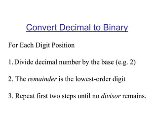 Convert Decimal to Binary
For Each Digit Position
1.Divide decimal number by the base (e.g. 2)
2. The remainder is the lowest-order digit
3. Repeat first two steps until no divisor remains.
 