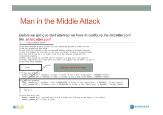 Man in the Middle Attack
Before we going to start ettercap we have to configure the /etc/etter.conf
file at /etc.etter.conf
Remove two # from here
 