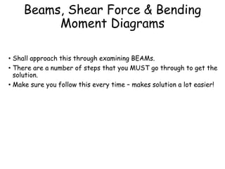 Beams, Shear Force & Bending
Moment Diagrams
• Shall approach this through examining BEAMs.
• There are a number of steps that you MUST go through to get the
solution.
• Make sure you follow this every time – makes solution a lot easier!
 