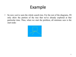 Example
• So now you've seen the whole search tree. For the rest of the diagrams, I'll
only show the portion of the tree that we've already explored at that
particular time. Thus, when we start the problem, all minimax sees is the
start node:
10
 