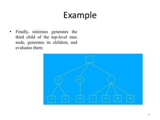 Example
• Finally, minimax generates the
third child of the top-level max
node, generates its children, and
evaluates them:
15
 