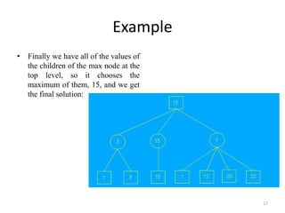 Example
• Finally we have all of the values of
the children of the max node at the
top level, so it chooses the
maximum of them, 15, and we get
the final solution:
17
 