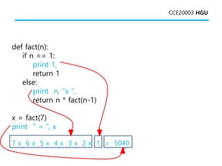 CCE20003 HGU
def fact(n):
if n == 1:
print 1,
return 1
else:
print n, "x ",
return n * fact(n-1)
x = fact(7)
print “ = “, ...