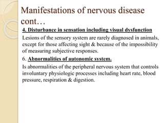 Manifestations of nervous disease
cont…
4. Disturbance in sensation including visual dysfunction
Lesions of the sensory sy...