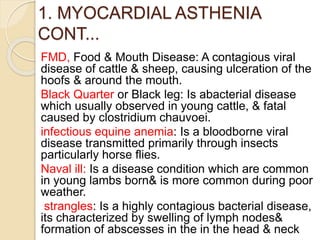 1. MYOCARDIAL ASTHENIA
CONT...
FMD, Food & Mouth Disease: A contagious viral
disease of cattle & sheep, causing ulceration...