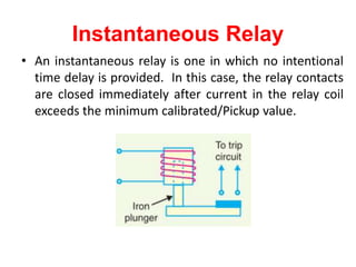 Instantaneous Relay
• An instantaneous relay is one in which no intentional
time delay is provided. In this case, the relay contacts
are closed immediately after current in the relay coil
exceeds the minimum calibrated/Pickup value.
 