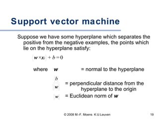 Support vector machine Suppose we have some hyperplane which separates the positive from the negative examples, the points which lie on the hyperplane satisfy: where  w  = normal to the hyperplane = perpendicular distance from the    hyperplane to the origin = Euclidean norm of  w   