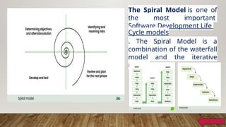 The Spiral Model is one of
the most important
Software Development Life
Cycle models
. The Spiral Model is a
combination of the waterfall
model and the iterative
model.
 