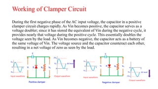 Working of Clamper Circuit
During the first negative phase of the AC input voltage, the capacitor in a positive
clamper circuit charges rapidly. As Vin becomes positive, the capacitor serves as a
voltage doubler; since it has stored the equivalent of Vin during the negative cycle, it
provides nearly that voltage during the positive cycle. This essentially doubles the
voltage seen by the load. As Vin becomes negative, the capacitor acts as a battery of
the same voltage of Vin. The voltage source and the capacitor counteract each other,
resulting in a net voltage of zero as seen by the load.
 