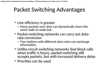 Stallings, Wireless Communications & Networks, Second Edition, © 2005 Pearson Education, Inc. All rights reserved. 0-13-191835-4
Stallings, Wireless Communications & Networks, Second Edition, © 2005 Pearson Education, Inc. All rights reserved. 0-13-191835-4
Packet Switching Advantages
• Line efficiency is greater
– Many packets over time can dynamically share the
same node to node link
• Packet-switching networks can carry out data-
rate conversion
– Two stations with different data rates can exchange
information
• Unlike circuit-switching networks that block calls
when traffic is heavy, packet-switching still
accepts packets, but with increased delivery delay
• Priorities can be used
 