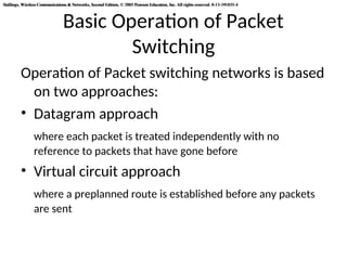 Stallings, Wireless Communications & Networks, Second Edition, © 2005 Pearson Education, Inc. All rights reserved. 0-13-191835-4
Stallings, Wireless Communications & Networks, Second Edition, © 2005 Pearson Education, Inc. All rights reserved. 0-13-191835-4
Basic Operation of Packet
Switching
Operation of Packet switching networks is based
on two approaches:
• Datagram approach
where each packet is treated independently with no
reference to packets that have gone before
• Virtual circuit approach
where a preplanned route is established before any packets
are sent
 