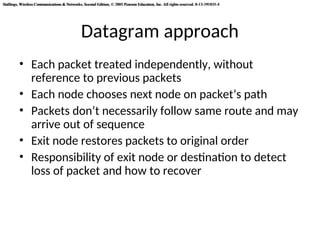 Stallings, Wireless Communications & Networks, Second Edition, © 2005 Pearson Education, Inc. All rights reserved. 0-13-191835-4
Stallings, Wireless Communications & Networks, Second Edition, © 2005 Pearson Education, Inc. All rights reserved. 0-13-191835-4
Datagram approach
• Each packet treated independently, without
reference to previous packets
• Each node chooses next node on packet’s path
• Packets don’t necessarily follow same route and may
arrive out of sequence
• Exit node restores packets to original order
• Responsibility of exit node or destination to detect
loss of packet and how to recover
 