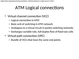 Stallings, Wireless Communications & Networks, Second Edition, © 2005 Pearson Education, Inc. All rights reserved. 0-13-191835-4
Stallings, Wireless Communications & Networks, Second Edition, © 2005 Pearson Education, Inc. All rights reserved. 0-13-191835-4
ATM Logical connections
• Virtual channel connection (VCC)
– Logical connection in ATM
– Basic unit of switching in ATM network
– Analogous to a virtual circuit in packet switching networks
– Exchanges variable-rate, full-duplex flow of fixed-size cells
• Virtual path connection (VPC)
– Bundle of VCCs that have the same end points
 