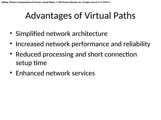 Stallings, Wireless Communications & Networks, Second Edition, © 2005 Pearson Education, Inc. All rights reserved. 0-13-191835-4
Stallings, Wireless Communications & Networks, Second Edition, © 2005 Pearson Education, Inc. All rights reserved. 0-13-191835-4
Advantages of Virtual Paths
• Simplified network architecture
• Increased network performance and reliability
• Reduced processing and short connection
setup time
• Enhanced network services
 