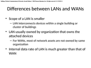 Stallings, Wireless Communications & Networks, Second Edition, © 2005 Pearson Education, Inc. All rights reserved. 0-13-191835-4
Stallings, Wireless Communications & Networks, Second Edition, © 2005 Pearson Education, Inc. All rights reserved. 0-13-191835-4
Differences between LANs and WANs
• Scope of a LAN is smaller
– LAN interconnects devices within a single building or
cluster of buildings
• LAN usually owned by organization that owns the
attached devices
– For WANs, most of network assets are not owned by same
organization
• Internal data rate of LAN is much greater than that of
WAN
 