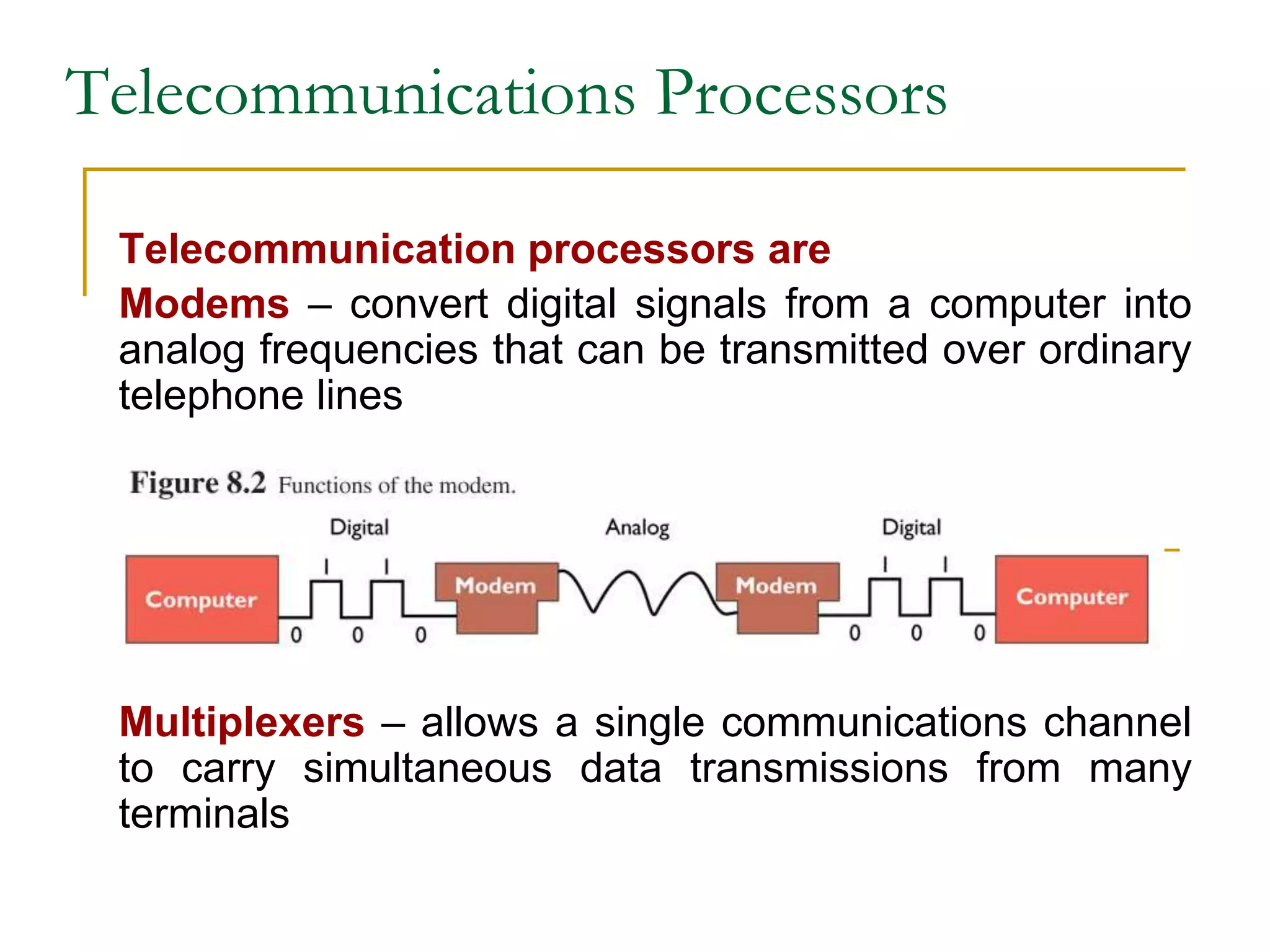 Telecommunications Processors
Telecommunication processors are
Modems – convert digital signals from a computer into
analog frequencies that can be transmitted over ordinary
telephone lines
Multiplexers – allows a single communications channel
to carry simultaneous data transmissions from many
terminals
 