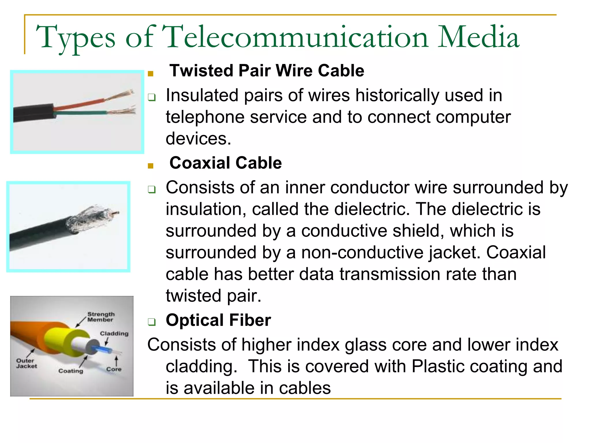 ■ Twisted Pair Wire Cable
❑ Insulated pairs of wires historically used in
telephone service and to connect computer
devices.
■ Coaxial Cable
❑ Consists of an inner conductor wire surrounded by
insulation, called the dielectric. The dielectric is
surrounded by a conductive shield, which is
surrounded by a non-conductive jacket. Coaxial
cable has better data transmission rate than
twisted pair.
❑ Optical Fiber
Consists of higher index glass core and lower index
cladding. This is covered with Plastic coating and
is available in cables
Types of Telecommunication Media
 