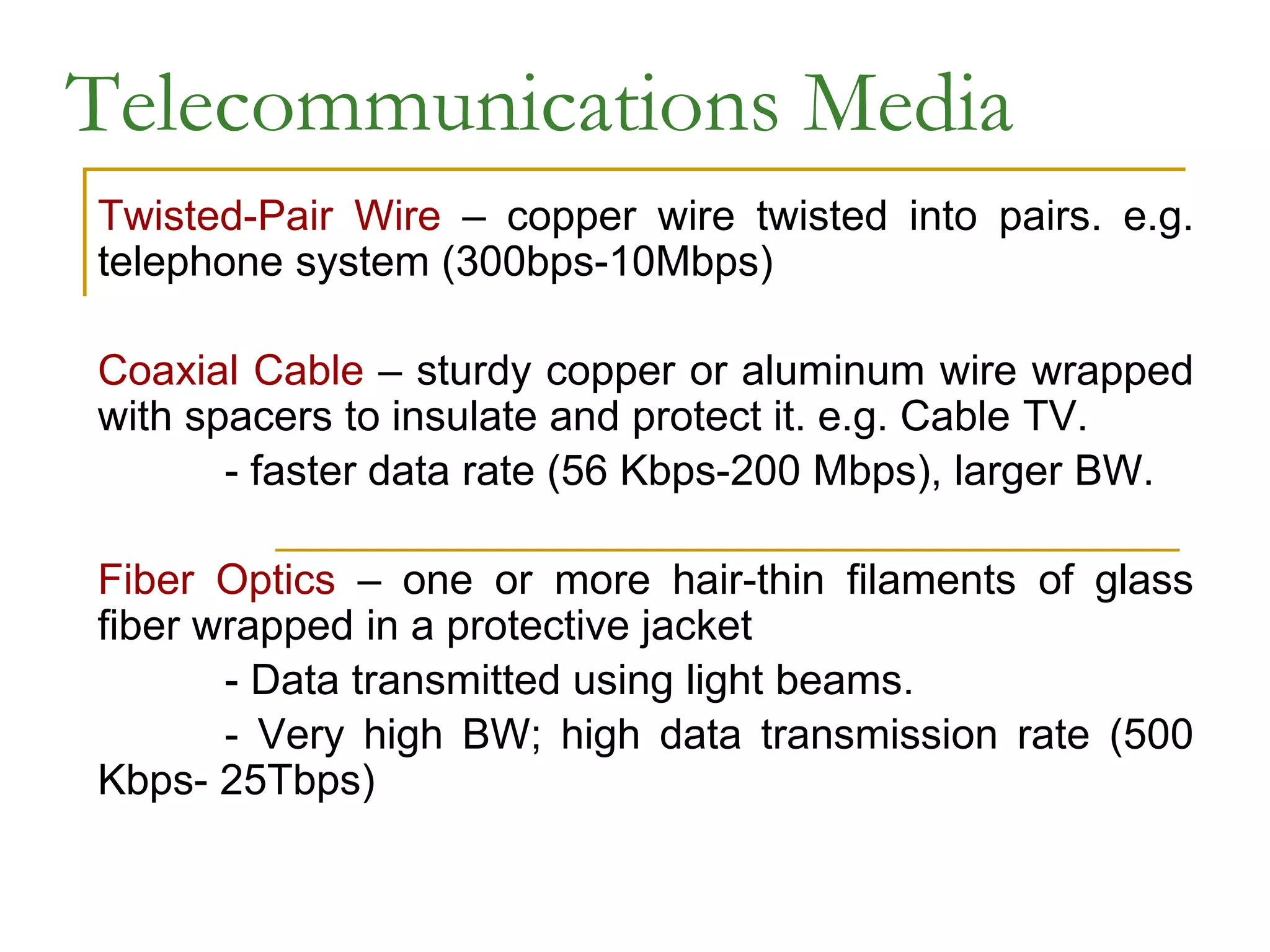 Telecommunications Media
Twisted-Pair Wire – copper wire twisted into pairs. e.g.
telephone system (300bps-10Mbps)
Coaxial Cable – sturdy copper or aluminum wire wrapped
with spacers to insulate and protect it. e.g. Cable TV.
- faster data rate (56 Kbps-200 Mbps), larger BW.
Fiber Optics – one or more hair-thin filaments of glass
fiber wrapped in a protective jacket
- Data transmitted using light beams.
- Very high BW; high data transmission rate (500
Kbps- 25Tbps)
 
