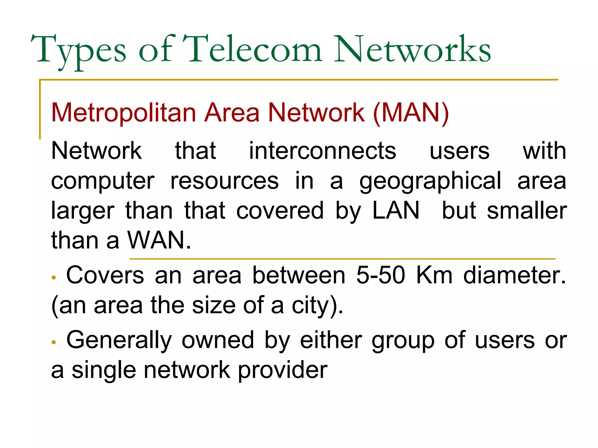 Types of Telecom Networks
Metropolitan Area Network (MAN)
Network that interconnects users with
computer resources in a geographical area
larger than that covered by LAN but smaller
than a WAN.
• Covers an area between 5-50 Km diameter.
(an area the size of a city).
• Generally owned by either group of users or
a single network provider
 