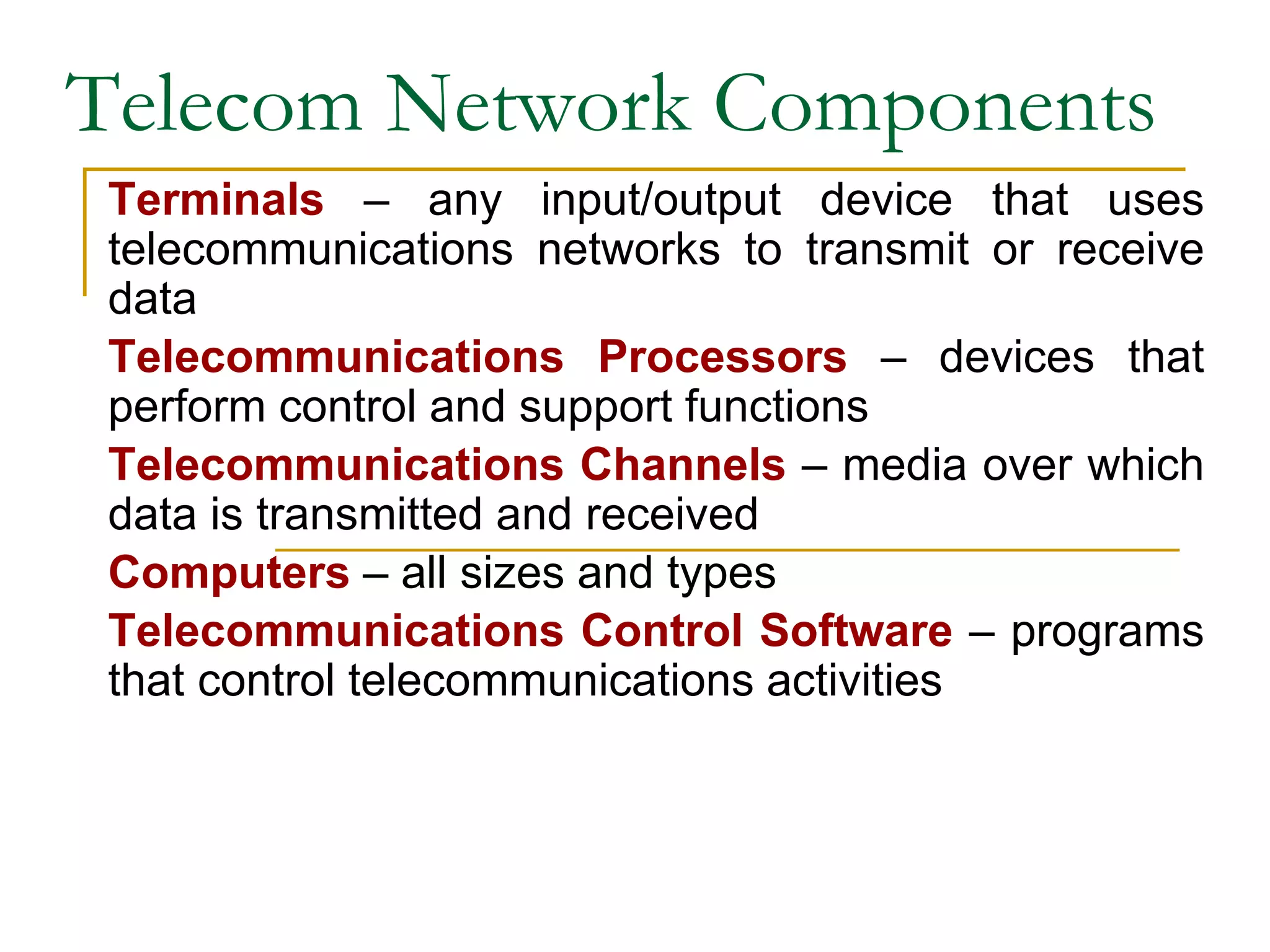 Telecom Network Components
Terminals – any input/output device that uses
telecommunications networks to transmit or receive
data
Telecommunications Processors – devices that
perform control and support functions
Telecommunications Channels – media over which
data is transmitted and received
Computers – all sizes and types
Telecommunications Control Software – programs
that control telecommunications activities
 
