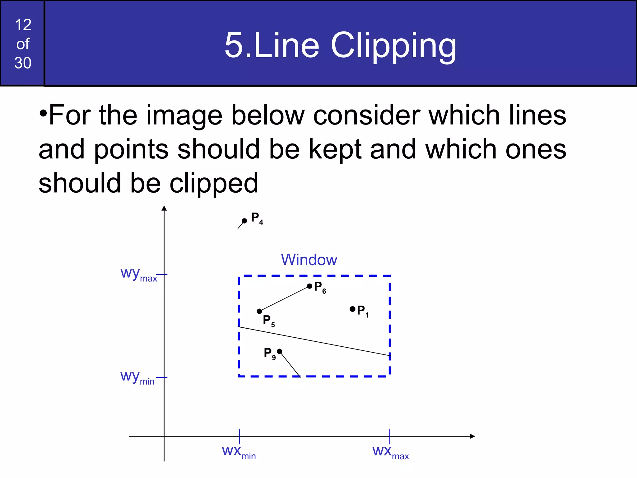 5.Line Clipping For the image below consider which lines and points should be kept and which ones should be clipped wy max wy min wx min wx max Window P 1 P 2 P 3 P 6 P 5 P 7 P 10 P 9 P 4 P 8 