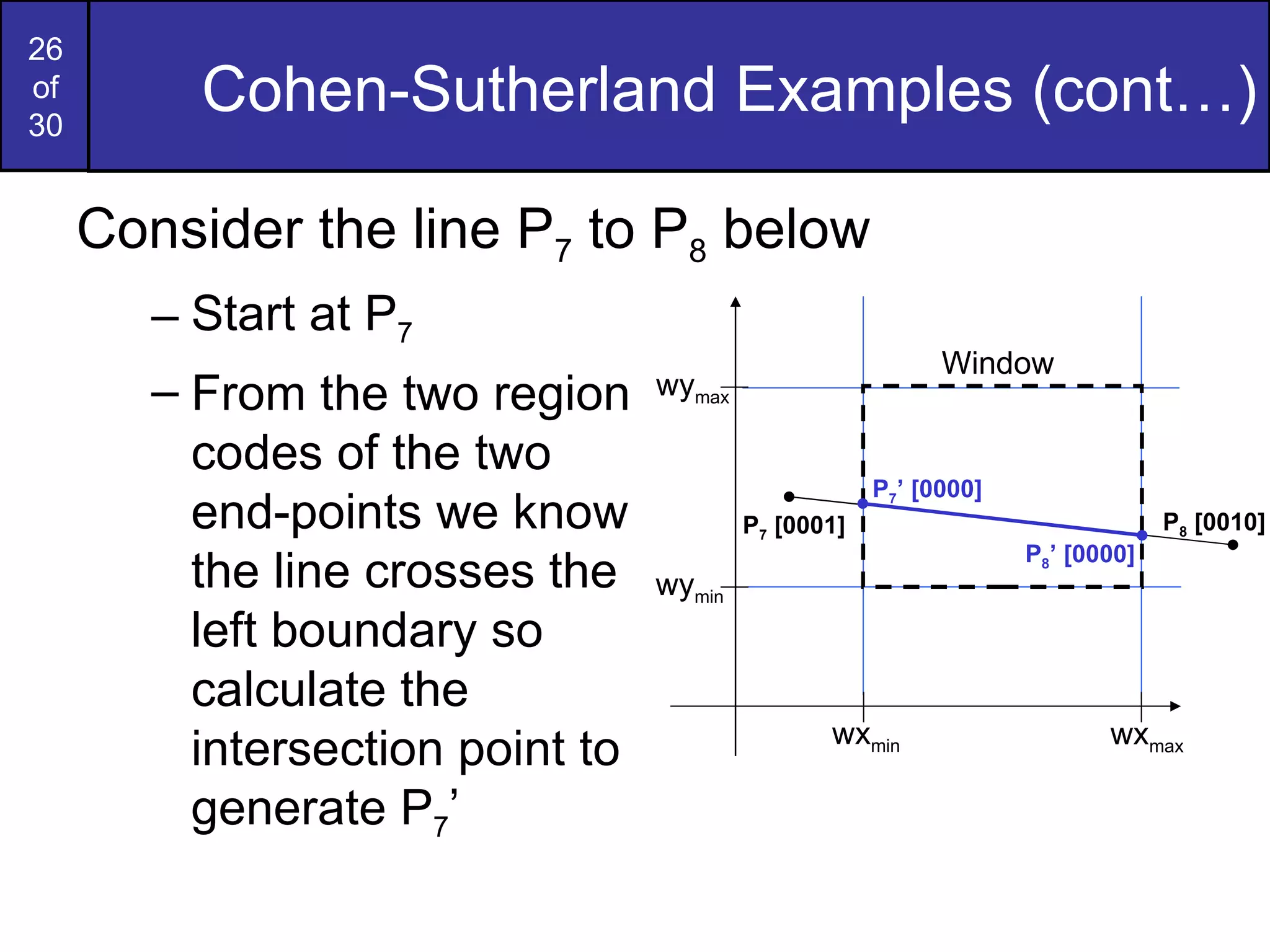Cohen-Sutherland Examples (cont…) Consider the line P 7  to P 8  below Start at P 7 From the two region  codes of the two  end-points we know  the line crosses the  left boundary so  calculate the  intersection point to  generate P 7 ’ wy max wy min wx min wx max Window P 7 ’ [0000] P 7  [0001] P 8  [0010] P 8 ’ [0000] 