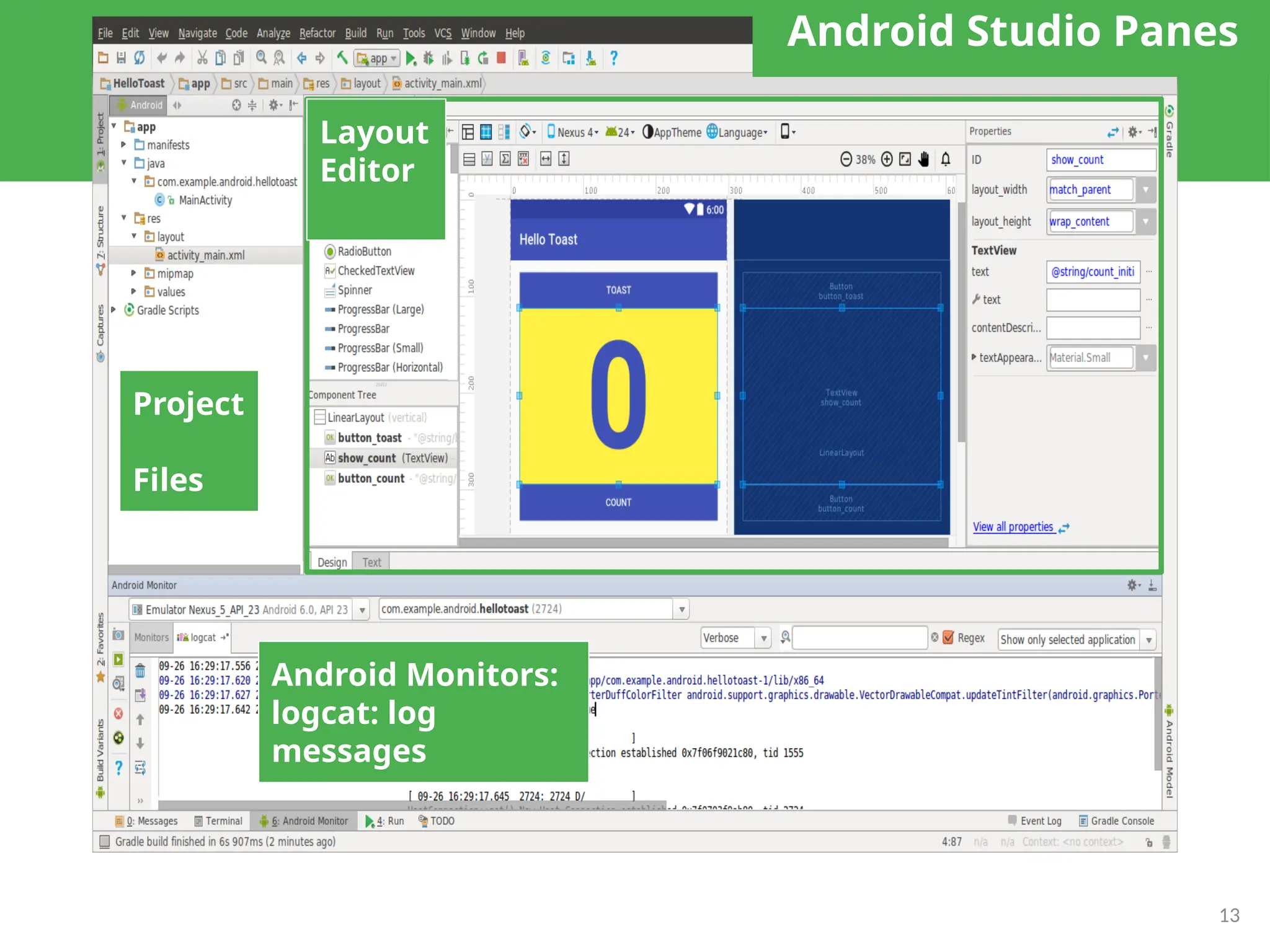 13
Project
Files
Android Studio Panes
Layout
Editor
Android Monitors:
logcat: log
messages
 