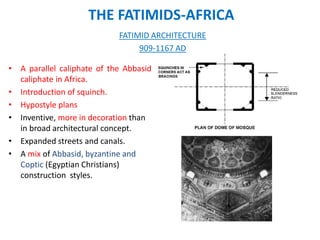 THE FATIMIDS-AFRICA
• A parallel caliphate of the Abbasid
caliphate in Africa.
• Introduction of squinch.
• Hypostyle plans
• Inventive, more in decoration than
in broad architectural concept.
• Expanded streets and canals.
• A mix of Abbasid, byzantine and
Coptic (Egyptian Christians)
construction styles.
FATIMID ARCHITECTURE
909-1167 AD
 