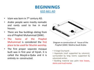 BEGINNINGS
• Islam was born in 7th century AD.
• Arabic people were mostly nomadic
and rarely used to live in mud
houses.
• There are few buildings dating from
era of Prophet Muhammad (SAW) .
• The home of the Prophet
Muhammad is considered the first
place to be used for Muslim worship.
• The first proper separate mosque
built was in first year of hijrah. It is
called the Masjid-e-Quba and it is
entirely re- constructed.
632-661 AD
Diagram re-construction of house of the
Prophet (SAW) Medina-Saudi Arabia
• A large Courtyard .
• Hypostyle (roof supported by columns),
surrounded by long rooms supported by
columned arches.
• Building material was palm tree leaves,
stems and mud mortar
 