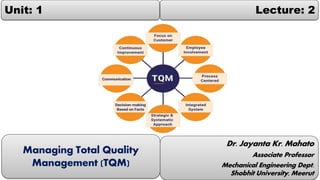 Unit: 1 Lecture: 2
Dr. Jayanta Kr. Mahato
Associate Professor
Mechanical Engineering Dept.
Shobhit University, Meerut
Managing Total Quality
Management (TQM)
 