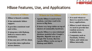 Features of HBase
• HBase is linearly scalable.
• It has automatic failure
support.
• It provides consistent read
and writes.
• It integrates with Hadoop,
both as a source and a
destination.
• It has easy java API for client.
• It provides data replication
across clusters.
Where to Use HBase
• Apache HBase is used to have
random, real-time read/write
access to Big Data.
• It hosts very large tables on top of
clusters of commodity hardware.
• Apache HBase is a non-relational
database modeled after Google's
Bigtable. Bigtable acts up on
Google File System, likewise
Apache HBase works on top of
Hadoop and HDFS.
Applications of HBase
• It is used whenever
there is a need to write
heavy applications.
• HBase is used whenever
we need to provide fast
random access to
available data.
• Companies such as
Facebook, Twitter,
Yahoo, and Adobe use
HBase internally.
 