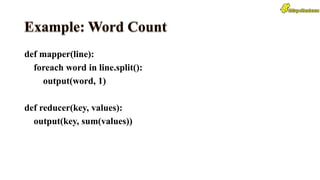 def mapper(line):
foreach word in line.split():
output(word, 1)
def reducer(key, values):
output(key, sum(values))
 