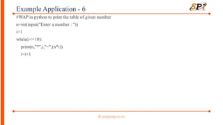 Example Application - 6
#WAP in python to print the table of given number
n=int(input("Enter a number : "))
i=1
while(i<=10):
print(n,"*",i,"=",(n*i))
i=i+1
 