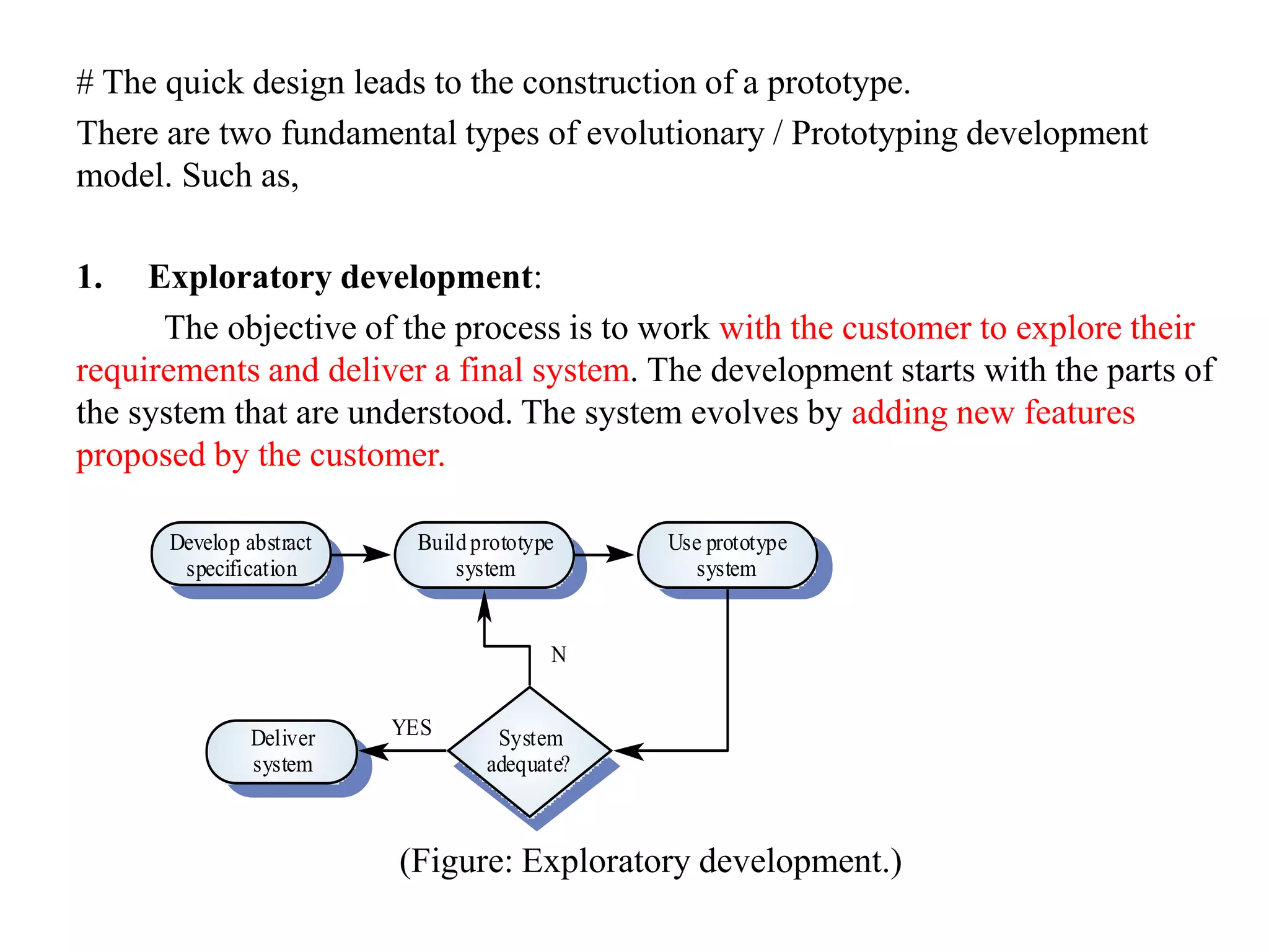 # The quick design leads to the construction of a prototype.
There are two fundamental types of evolutionary / Prototyping development
model. Such as,
1. Exploratory development:
The objective of the process is to work with the customer to explore their
requirements and deliver a final system. The development starts with the parts of
the system that are understood. The system evolves by adding new features
proposed by the customer.
(Figure: Exploratory development.)
Buildprototype
system
Develop abstract
specification
Use prototype
system
Deliver
system
System
adequate?
YES
N
 