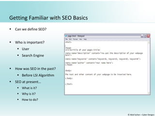 © Abid Sultan – Cyber Designz
Getting Familiar with SEO Basics
• Can we define SEO?
• Who is important?
• User
• Search Engine
• How was SEO in the past?
• Before LSI Algorithm
• SEO at present…
• What is it?
• Why is it?
• How to do?
 