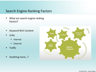 © Abid Sultan – Cyber Designz
Search Engine Ranking Factors
• What are search engine ranking
factors?
• Keyword Rich Content
• Links
• Internal
• External
• Traffic
• Anything more…?
 