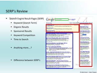 © Abid Sultan – Cyber Designz
SERP’s Review
• Search Engine Result Pages (SERP)
• Keyword (Search Term)
• Organic Results
• Sponsored Results
• Keyword Competition
• Time to Search
• Anything more….?
• Difference between SERP’s
 