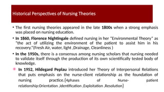 Historical Perspectives of Nursing Theories
• The first nursing theories appeared in the late 1800s when a strong emphasis
was placed on nursing education.
• In 1860, Florence Nightingale defined nursing in her “Environmental Theory” as
“the act of utilizing the environment of the patient to assist him in his
recovery.”(Fresh Air, water, light ,Drainage, Cleanliness )
• In the 1950s, there is a consensus among nursing scholars that nursing needed
to validate itself through the production of its own scientifically tested body of
knowledge.
 In 1952, Hildegard Peplau introduced her Theory of Interpersonal Relations
that puts emphasis on the nurse-client relationship as the foundation of
nursing practice.(4phases of Nurse- patient
relationship:Orientation ,Identification ,Exploitation ,Resolution)
 