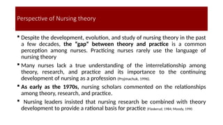  Despite the development, evolution, and study of nursing theory in the past
a few decades, the “gap” between theory and practice is a common
perception among nurses. Practicing nurses rarely use the language of
nursing theory
 Many nurses lack a true understanding of the interrelationship among
theory, research, and practice and its importance to the continuing
development of nursing as a profession (Pryjmachuk, 1996).
 As early as the 1970s, nursing scholars commented on the relationships
among theory, research, and practice.
 Nursing leaders insisted that nursing research be combined with theory
development to provide a rational basis for practice (Flaskerud, 1984; Moody, 1990
Perspective of Nursing theory
 