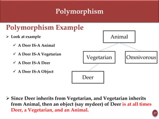 Polymorphism
Polymorphism Example
 Look at example
 A Deer IS-A Animal
 A Deer IS-A Vegetarian
 A Deer IS-A Deer
 A Deer IS-A Object
 Since Deer inherits from Vegetarian, and Vegetarian inherits
from Animal, then an object (say mydeer) of Deer is at all times
Deer, a Vegetarian, and an Animal.
27
Animal
Vegetarian Omnivorous
Deer
 