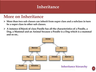 Inheritance
More on Inheritance
 More than two sub classes can inherit from super class and a subclass in turn
be a super class to other sub classes.
 A instance (Object) of class Poodle has all the characteristics of a Poodle, a
Dog, a Mammal and an Animal because a Poodle is a Dog which is a mammal
and so on..
Inheritance hierarchy
8
 