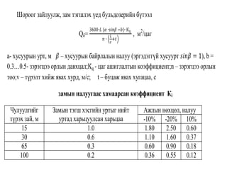 Шороог зайлуулж, зам тэгшлэх үед бульдозерийн бүтээл
Qб=
3600∙𝐿 (𝛼 ∙𝑠𝑖𝑛𝛽 −𝑏)∙ Кц
𝑛 ∙
𝐿
𝑣
+𝑡
, м2
/цаг
а- хусуурын урт, м 𝛽 – хусуурын байрлалын налуу (эргэдэггүй хусуурт 𝑠𝑖𝑛𝛽 = 1), b =
0.3…0.5- зэрэгцээ орлын давхцал;Кц - цаг ашиглалтын коэффициент;n – зэрэгцээ орлын
тоо;v – түрэлт хийж явах хурд, м/с; t – буцаж явах хугацаа, с
замын налуугаас хамаарсан коэффициент Кi
Чулуулгийг
түрэх зай, м
Замын тэгш хэсгийн уртыг нийт
уртад харьцуулсан харьцаа
Ажлын нөхцөл, налуу
-10% -20% 10%
15 1.0 1.80 2.50 0.60
30 0.6 1.10 1.60 0.37
65 0.3 0.60 0.90 0.18
100 0.2 0.36 0.55 0.12
 